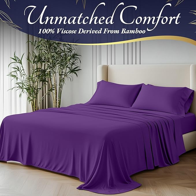 DECOLURE 100% Viscose Derived from Bamboo Sheets Twin Size 3pcs - Ultra Soft & Luxuriously Cooling, 17" Deep Pocket, Double Stitching, Perfect for Hot Sleepers - Twin Bed Sheets (Purple)