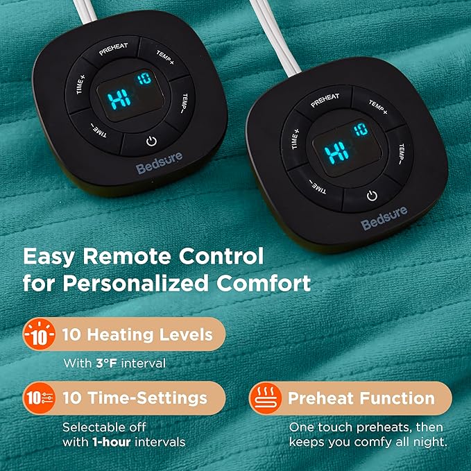 Bedsure Electric Blanket Queen Size - Dual Control Heated Blanket Queen, Fast Heating with 10 Time Settings & 10 Heat Settings, Warm Gift for Grandma (84x90 inches, River Blue)