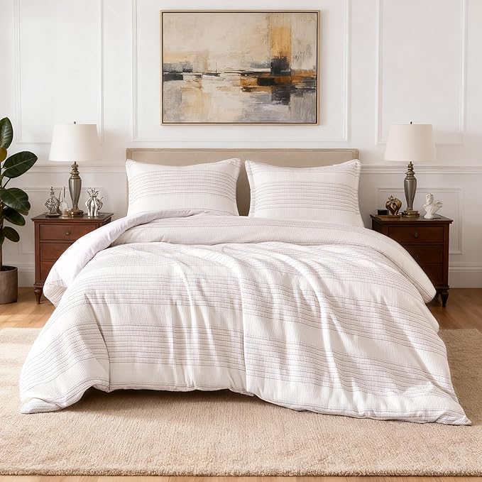 Amazon Basics Waffle Weave Microfiber 3-Piece Duvet Cover Set, Includes 1 Duvet Cover and 2 Pillow Shams, California King, Pink Striped