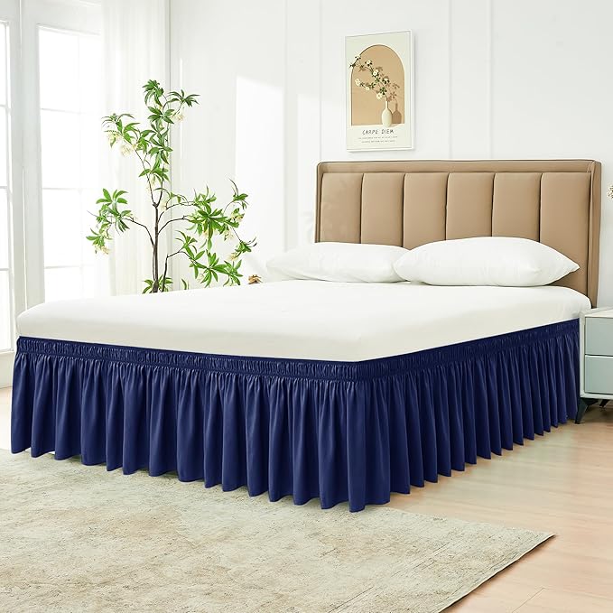 Biscaynebay Wrap Around Bed Skirts for Full & Full XL Beds Short Drop of 12", Navy Adjustable Elastic Dust Ruffles Easy Fit Wrinkle Resistant Silky Luxurious Fabric Machine Washable