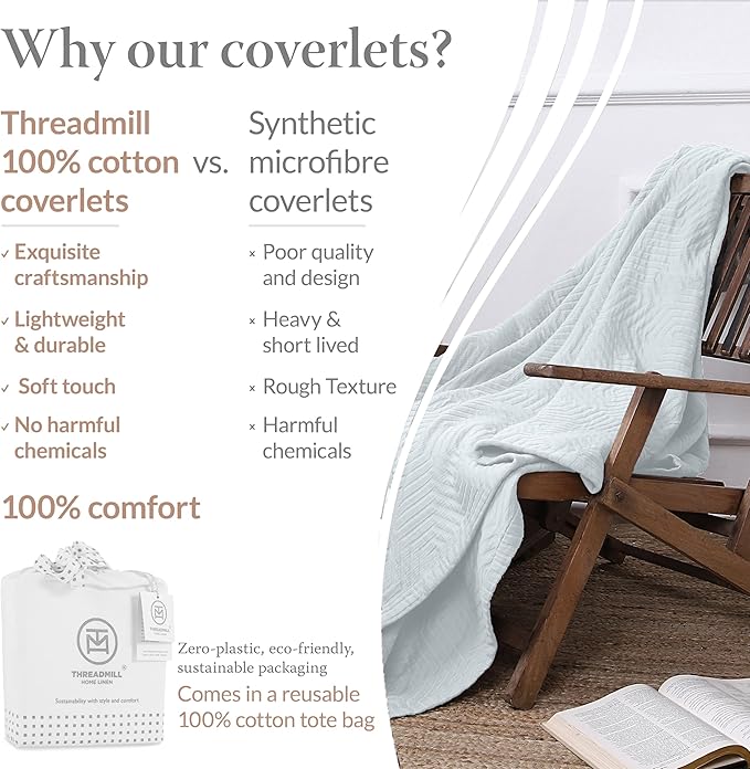 Threadmill Luxury Cotton Blankets for Twin Size Bed | All-Season 100% Cotton Twin Blanket for Bed | Aster Jacquard Lightweight, Soft & Cozy Coverlet, 350GSM, 68 x 90 inches | Light Blue