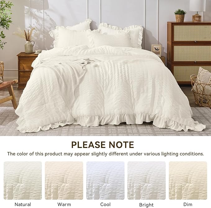 JOLLYVOGUE Ivory Comforter Full Size, 3 Pieces Seersucker Lightweight Full Size Bedding, All Season Fluffy Microfiber Bedding Comforter Set with 1 Ruffle Comforter and 2 Ruffle Pillowshams