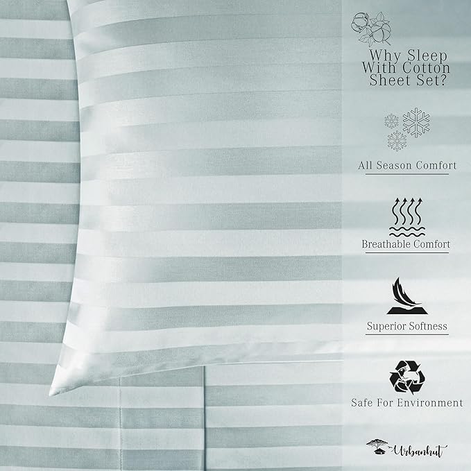 URBANHUT 1000 Thread Count Damask Striped Queen Sheet Set Egyptian Cotton, Long Staple Soft & Breathable, 4 Pcs Bed Sheet Sets, Luxury Hotel Sateen Finish Sheets Fits 16" Deep Pocket - Light Blue
