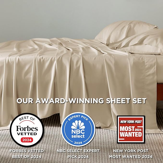 Bedsure California King Sheet Sets, Cooling Sheets for Hot Sleepers, Rayon Derived from Bamboo, Deep Pocket Up to 16 Inches, Breathable & Soft, Hotel Luxury Silky Bedding, Beige