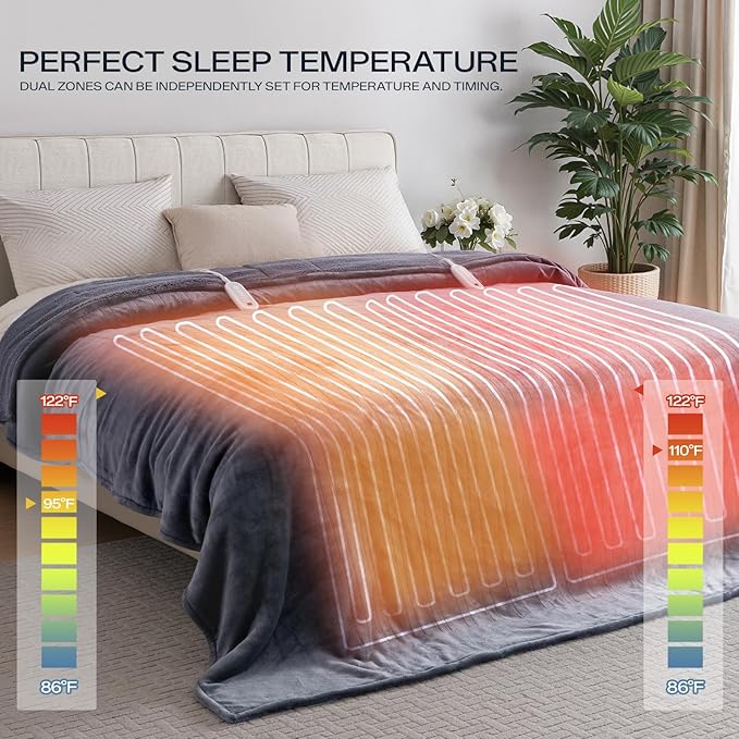 Heated Blanket King Size 100" x 90", Soft Flannel & Sherpa Electric Blanket King with 10 Hours Auto Off, 8 Heating Levels, Fast Heating Blanket for Full Body, Machine Washable, Grey