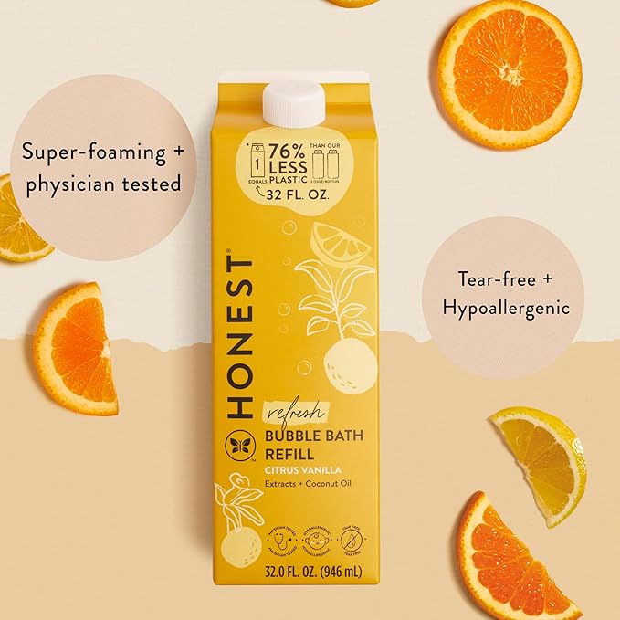 The Honest Company Foaming Bubble Bath Refill Carton Gentle for Baby Naturally Derived Tear-Free Hypoallergenic Citrus Vanilla Refresh 32 fl oz