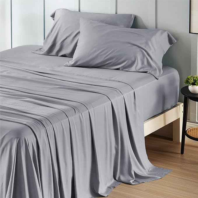 Bedsure Cooling Sheets Twin, Rayon Derived from Bamboo, Cooling Sheets, Breathable & Soft, Deep Pocket Up to 16 Inches, Hotel Luxury Silky Bedding for Hot Sleepers, Silver Grey