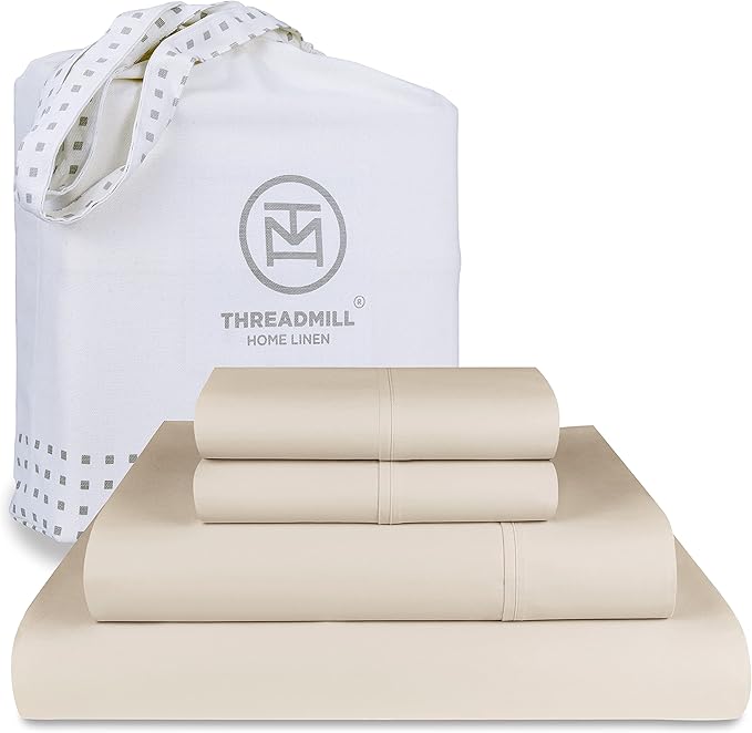 Threadmill - Hotel Luxury Cotton Sheets King Size 100% Cotton, 500 Thread Count Deep Pocket, Snug Fit, Soft & Crisp Cooling Hotel-Quality Bedsheets 4 Piece Set (King, Beige)