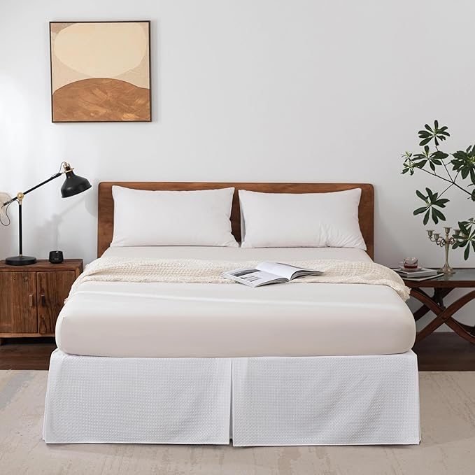 King Bed Skirt, Wrap Around Bed Skirt with Pleated Corner, 12 Inch Drop Pleated Waffle Weave Bedskirts, Anti-Slip, Microfiber, White, 12'' King