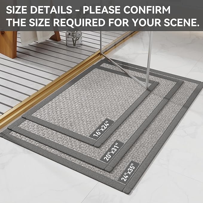 Non Slip Bath Mat Bathroom Rugs, Soft Jute-Like Ultra Thin Bath Mats, Rubber Backing Super Absorbent Quick Dry Bath Rug Shower Mat Fit Under Door Bathroom Floor, Machine Washable, Gray 24" x 36"