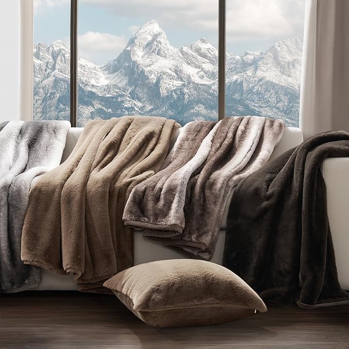 EVERGRACEHOME Ultra Soft Luxury Fluffy Mink Faux Fur Throw Blanket, Thick Warm Fall Winter Blankets for Bed, Couch, Cozy Plush Reversible Blanket for Chair, Sofa (Natural Tan, 50"x60")
