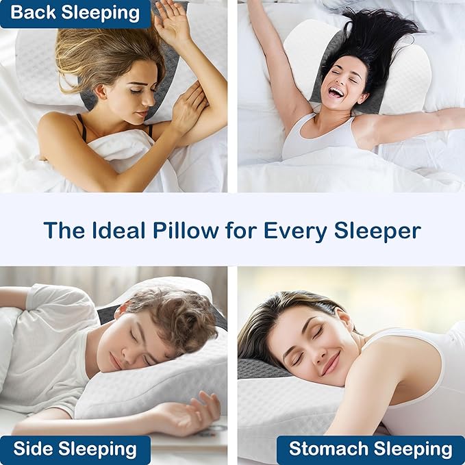 TOPPURE Cervical Neck Pillow with Breathable Pillowcase, Memory Foam Pillow Supportive for Neck & Shoulder Pain Relief for Side, Back, Stomach Sleepers(White&Grey)