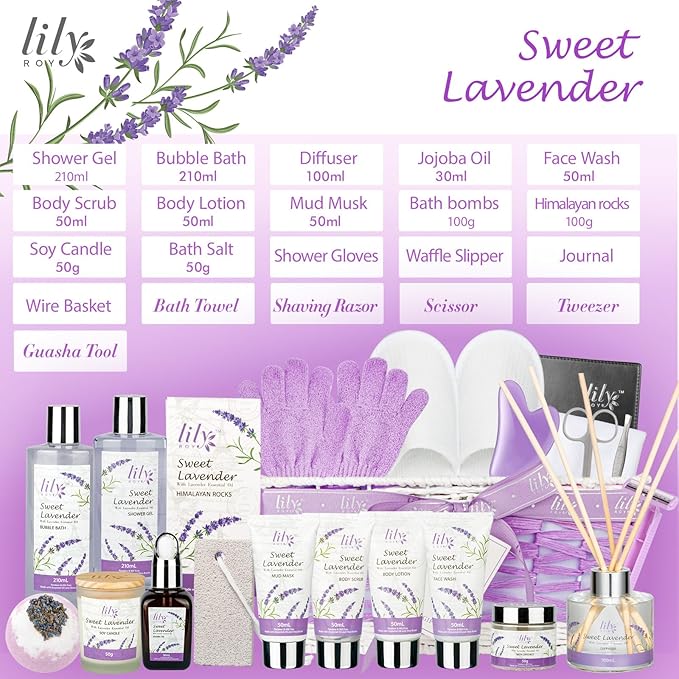 Lavender Spa Gift Set for Women - 22 Piece Luxury Bath & Body Basket with Bath Bomb, Lotion & Shower Gel | Birthday Gifts, Mothers Day Gifts, Christmas Gifts