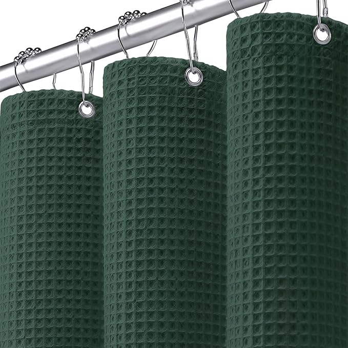 Long Waffle Shower Curtain - Dark Green Cotton Texture Fabric Heavyweight Shower Curtain for Bathroom,72Wx78L