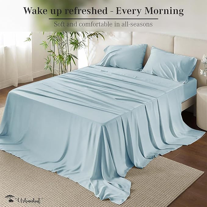 URBANHUT 700 Thread Count Queen Size Egyptian Cotton Sheets, 4Pc Sheet Set Soft Luxury Bed Sheets for Queen Size Bed, Sateen Weave Hotel Sheets, 16'' Elasticized Deep Pocket - Light Blue