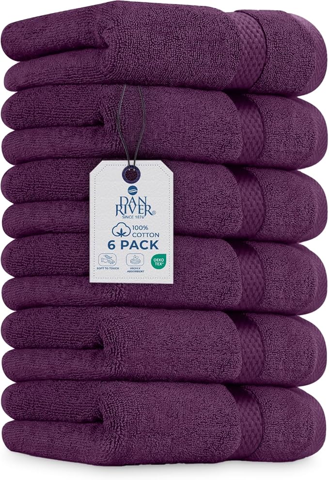 DAN RIVER 6-Pack Premium Hand Towels (16x28 Inches) - 100% Cotton, Ultra Soft, Lightweight, Highly Absorbent Towels for Bathroom, Spa, Gym, Salon, Hotel, and Travel - 550 GSM – Purple Passion