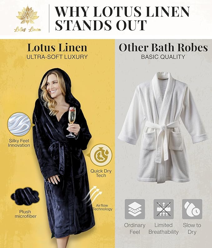 Lotus Linen Plush Robes for Women - Soft Bathrobe, Custom Monogram, Warm Fleece Robe with Pockets