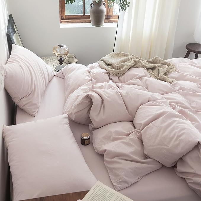FOSSA Duvet Cover Set 100% Washed Cotton Linen Feel Super Soft Breathable Cozy 3 Pieces Bedding Sets Solid Greyish Pink California King