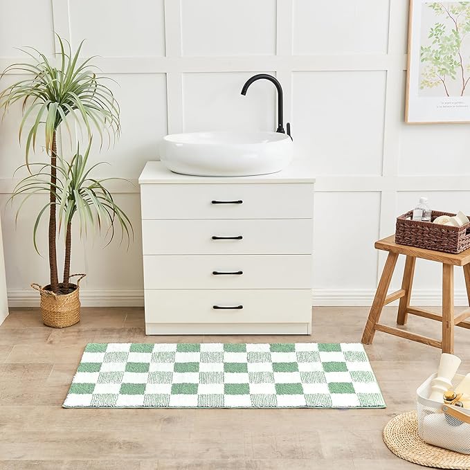 CozeCube Bath mats for Bathroom Non Slip, Fluffy Absorbent Microfiber Bath mat Washable, Aesthetic Bathroom Rugs, Long Sage Green Checkered Bath mat, Sage Green, 47" x 24"