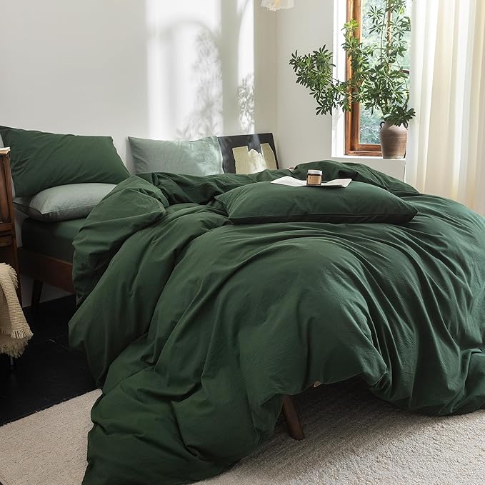 FOSSA Duvet Cover Set 100% Washed Cotton Linen Feel Super Soft Breathable Cozy 3 Pieces Bedding Sets Solid Forest Green Queen