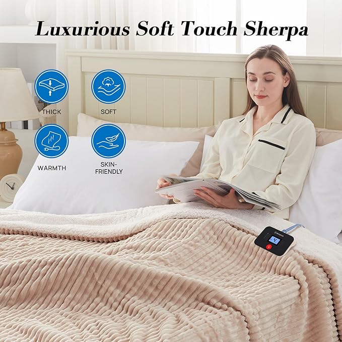 Westinghouse Full Size Heated Blanket, Soft Flannel to Sherpa Reversible, Electric Blanket Full with 10 Heating Settings & 1-12 Hours Auto Shut Off, Machine Washable, (72" x 84", Beige)