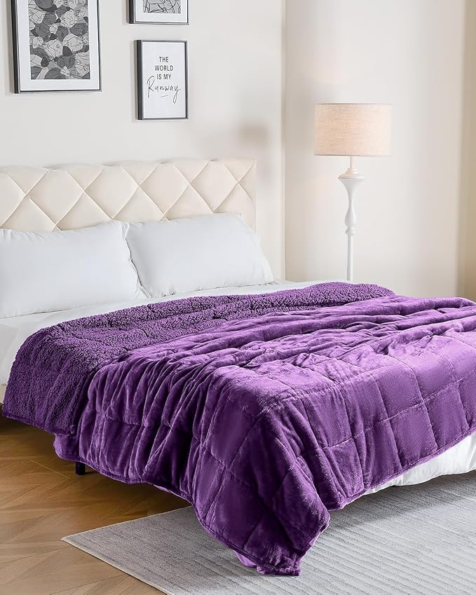 Uttermara Weighted Blanket for Adults, Queen Size Heavy Blanket with Reversible Soft Shiny Velour Fleece and Cozy Warm Sherpa for Couch Bed, Calming and Relaxing, 60 x 80 inches 15 lbs in Purple