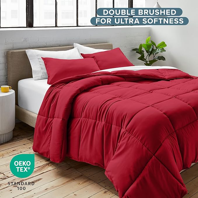 Bare Home Comforter Set - Queen Size - Ultra-Soft - Goose Down Alternative - Premium 1800 Series - All Season Warmth (Queen, Red)