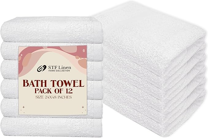 (Pack of 12 White Bath Towels Bulk 24x48 Inches - Economy Cheap Bath Towels for Commercial Uses, Gym, Salon, Spa & Hair -Lightweight Bath Towels Quick Drying -Bath Towels Sets Bulk