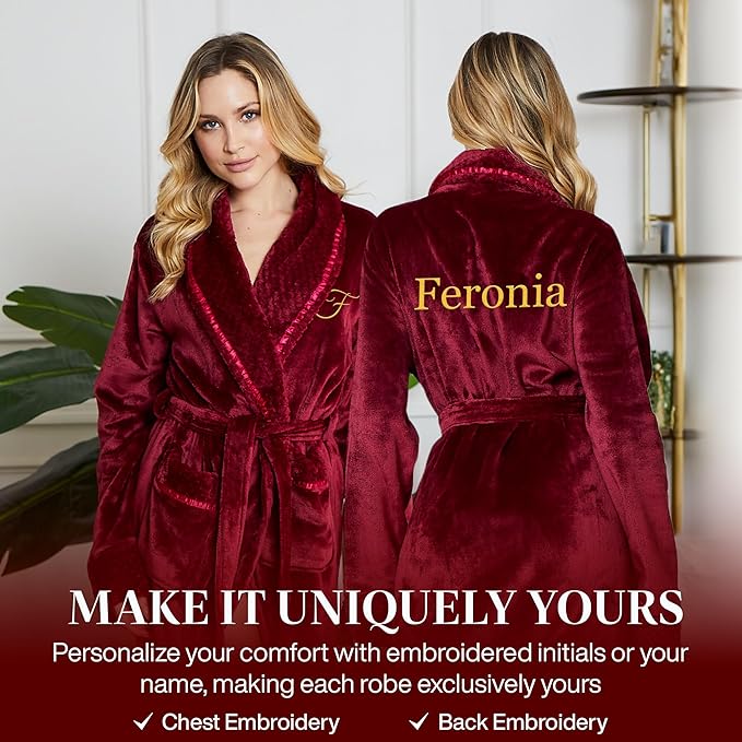 Lotus Linen Plush Robes for Women - Soft Bathrobe, Custom Monogram, Warm Fleece Robe with Pockets