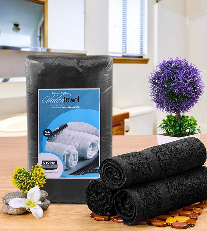 Utopia Towels, Salon Towel, Pack of 24, Not Bleach Proof, 16 by 27 Inches, Highly Absorbent Cotton Towels for Hand, Gym, Beauty, Spa, and Home Hair Care, Black