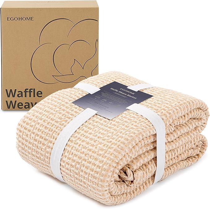 EGOHOME 100% Cotton Throw Blanket for Couch,Cotton Waffle Weave Blanket for All Seasons,Soft Lightweight Breathable Jacquard Dual-Tone Textured Blanket-Banana Cream,50 x 60 Inches