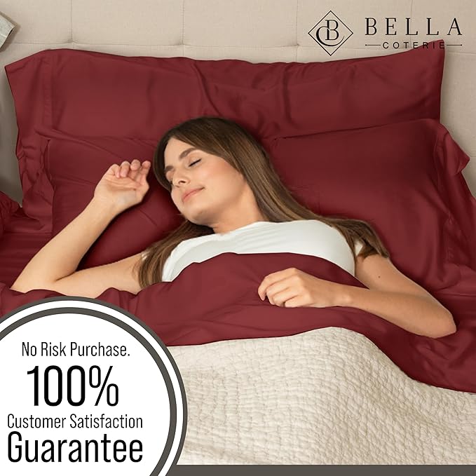 Bella Coterie Luxury Bamboo Viscose Split King Size Sheet Set | 2 Fitted Sheets for Sleep Number & Adjustable Beds | 100% Organically Grown | Cooling & Ultra Soft | 18” Deep Pocket [Merlot]