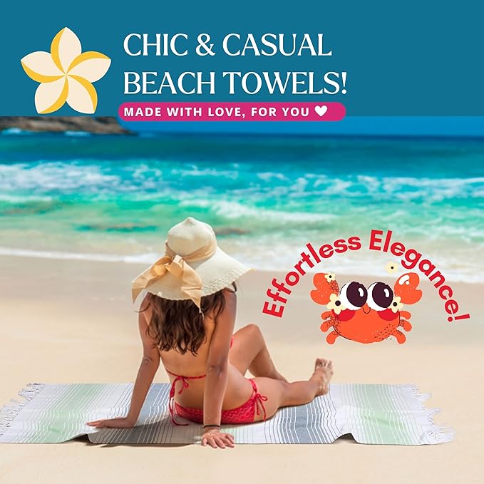 Native Fab Oversized Beach Towel, 4 Pack, 40x71 inches 100% Cotton Turkish Peshtemal for Adults,Soft & Absorbent, Extra Large Beach Towel for Hammam Spa Beach Blanket Bath, Cabana Strips, Green White