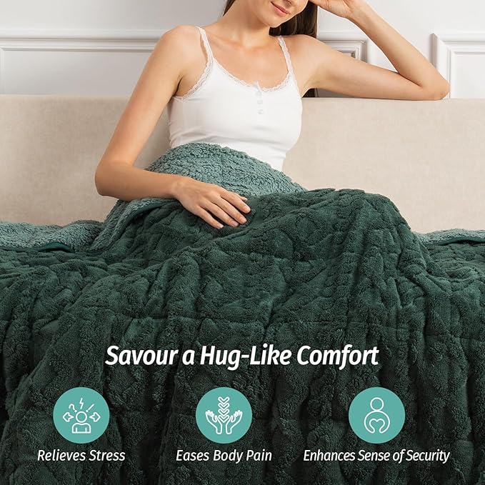 Wemore Weighted Blanket for Adults Twin Size 15 lbs, Dual Sided Soft Fuzzy Jacquard Sherpa Weighted Blankets for Sleeping, Cozy Fluffy Knitted Heavy Blanket for Couch Bed, Dark Green, 60 x 80 inches