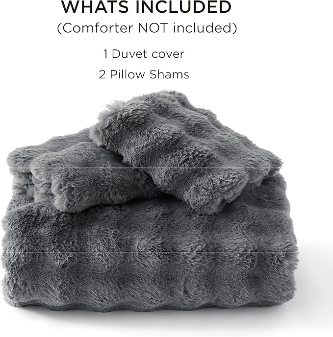 Bedsure Luxurious Faux Fur Duvet Cover Queen Size Set - Ultra Soft & Fluffy & Cozy & Warm - Elegant Shaggy Bubble Design Bedding with Duvet Cover and Pillow Shams, Grey