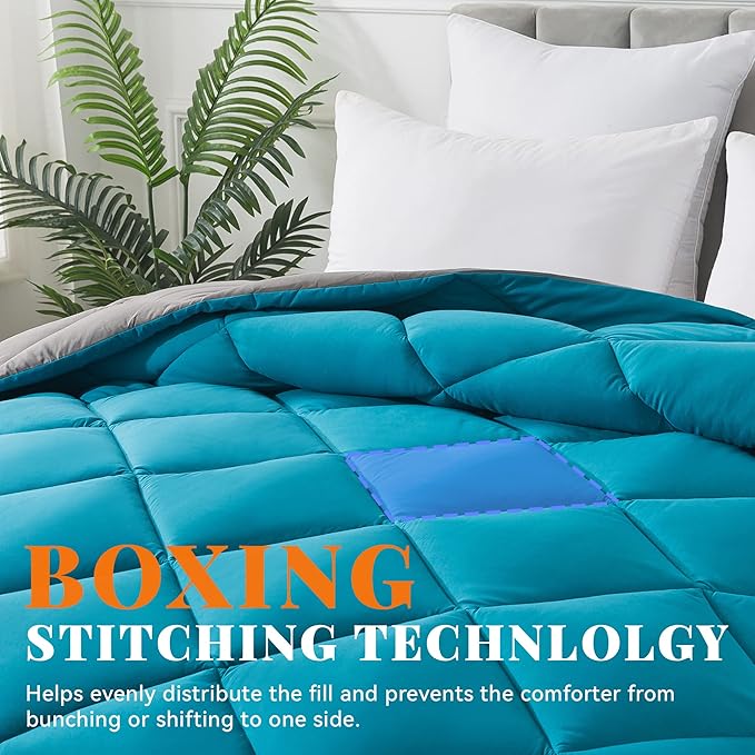 Cosybay Down Alternative Comforter (Algiers Blue/Dark Grey, Queen) - All Season Soft Quilted Queen Size Bed Comforter - Duvet Insert with Corner Tabs -Winter Summer Warm Fluffy, 88x92inches