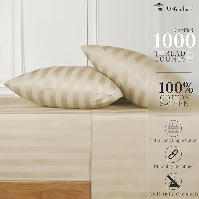 URBANHUT 1000 Thread Count Damask Striped Queen Size Egyptian Cotton Sheets, Long Staple Soft & Breathable, 4 Pc Bed Sheet Sets, Luxury Hotel Sateen Sheets Fits 16" Deep Pocket - Sand