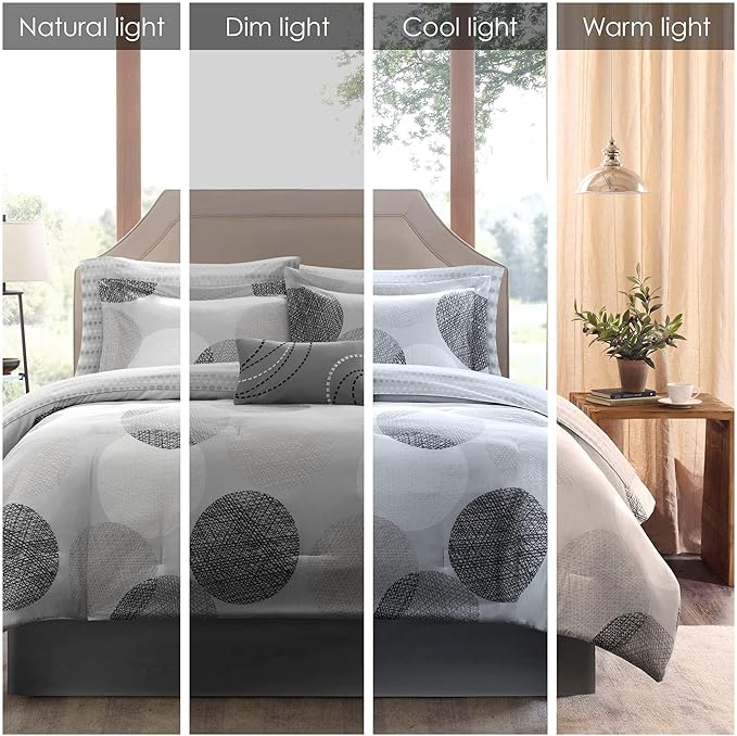 Madison Park Essentials Bed in a Bag Comforter, Vibrant Color Design All Season Down Alternative Cover with Complete Cotton Sheet Set, King(104"x92"), Knowles, Circular Grey, 9 Piece