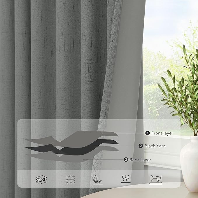 Thick Blackout Curtains for Living Room 2 Panels Set 90 Inches Long Faux Linen Grey Room Darkening Curtains for Bedroom Heavy Deadening Soundproof Drape for Window Doorway 90 Length Charcoal Dark Gray