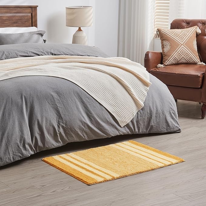 CozeCube Bath mats for Bathroom Non Slip, Fluffy Absorbent Microfiber Bath mat Washable, Aesthetic Bathroom Rugs, Small Harvest Gold Striped Bath mat, Harvest Gold, 24" x 16"