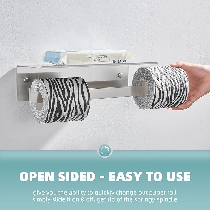 Angle Simple Double Toilet Paper Holder with Shelf, SUS 304 Stainless Steel Bathroom Lavatory Toilet Tissue Roll Holder Wall Mount, Brushed Nickel