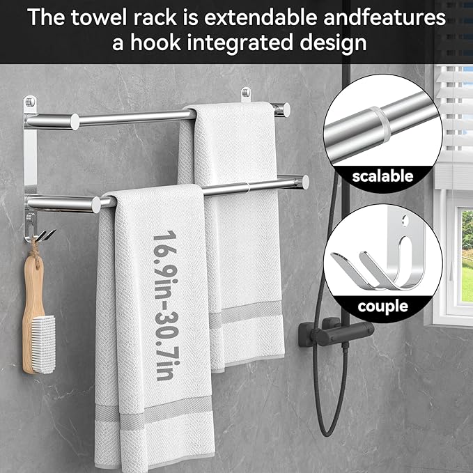 Adjustable Towel Bar for Bathroom Wall Mount17-30.7inch Adhesive Shower Towel Rack Stainless Steel Bath Towel Holders for Toilet Kitchen Double Towel Hanger (2 Layer)