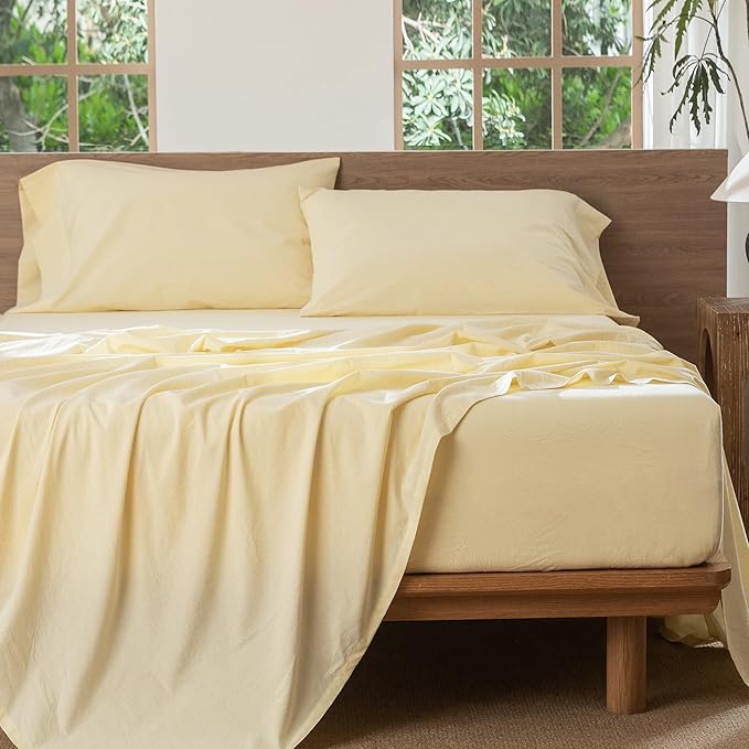 MooMee Bedding Sheet Set 100% Washed Cotton Linen Like Textured Breathable Durable Soft Comfy (Heathered Butter Yellow, Full)