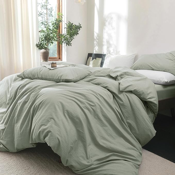 FOSSA Duvet Cover Set 100% Washed Cotton Linen Feel Super Soft Breathable Cozy 3 Pieces Bedding Sets Solid Sage Green Oversized Queen
