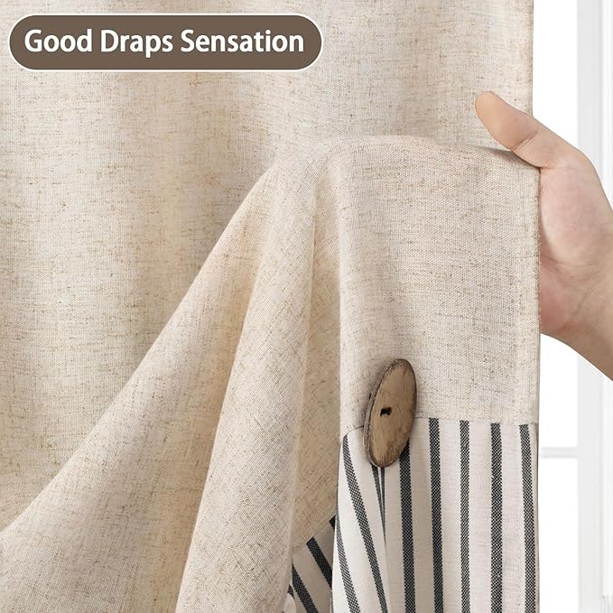 Farmhouse Shower Curtain Linen Button Woven Fabric Country Rustic Western, Pleated Black Stripe 72" W x 72" L