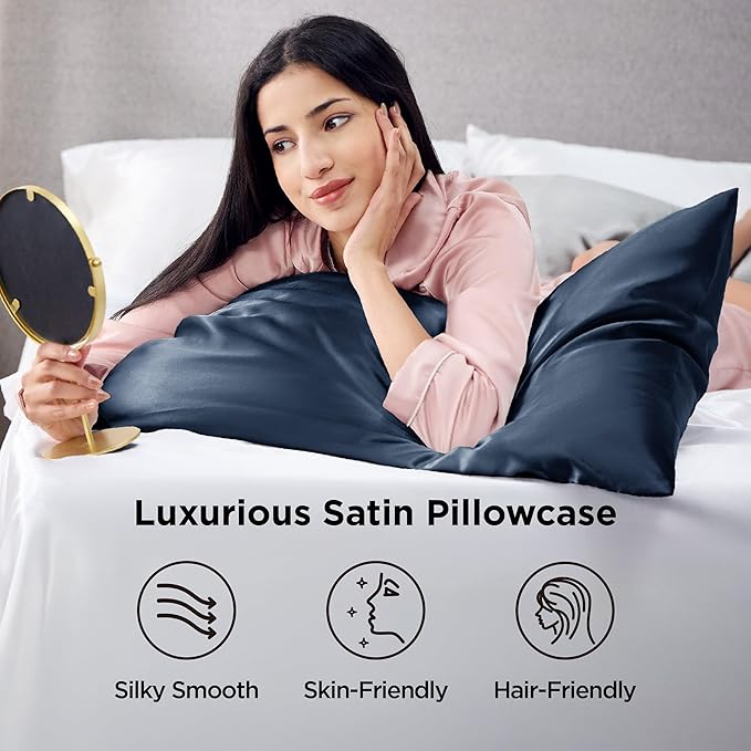 Bedsure Satin Pillowcases, Similar to Silk Pillow Cases Queen Size Set of 2, Pillow Case for Sleeping Women with Envelope Closure, Gifts for Women Men, Blue, 20x30 Inches, 2pcs