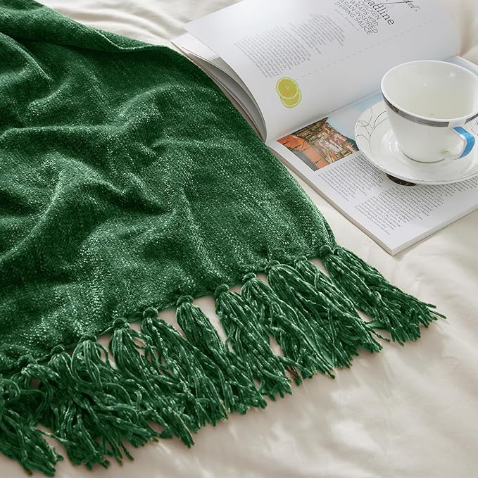 CozeCube Chenille Throw Blanket for Couch, Cozy Plush Fuzzy Decorative Christmas Green Blanket with Fringe Tassels, Lightweight Throws for Bed Sofa Gift Home Decor, 50"X60"