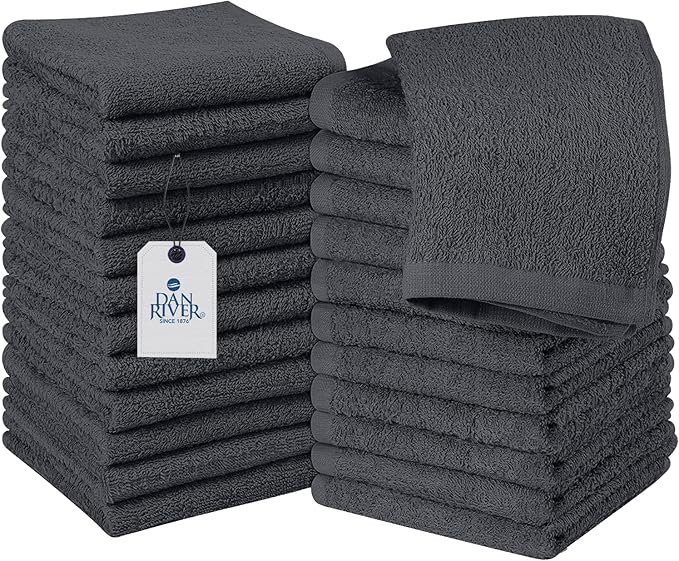 DAN RIVER 100% Cotton Wash Cloths 24 Pack [12x12] Soft & Absorbent wash Rags for Bathroom, Gym, Hotels & Spa Perfect for Everyday Use Fingertip Towels, Dark Gray