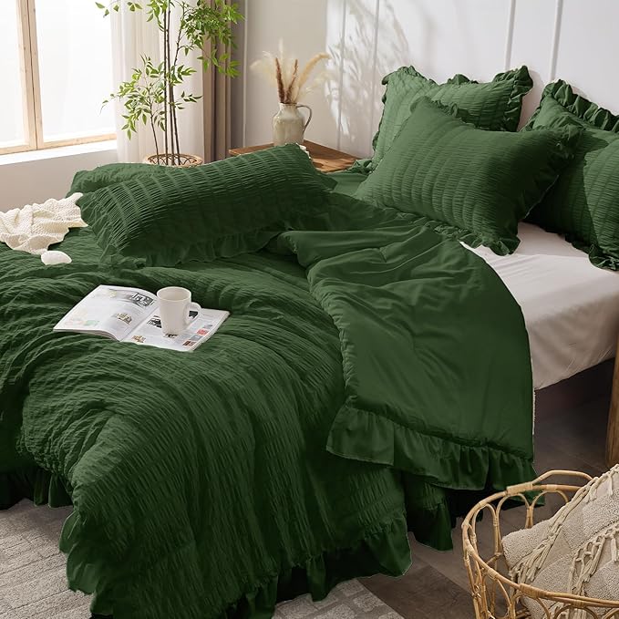 JOLLYVOGUE Dark Green Comforter Full Size, 3 Pieces Seersucker Lightweight Full Size Bedding, All Season Fluffy Microfiber Bedding Comforter Set with 1 Ruffle Comforter and 2 Ruffle Pillowshams