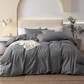 JIYUAN 100% Washed Cotton Duvet Cover Set 3 PCS Super King Plus, 1 Duvet Cover 120"x120" (Comforter Not Included) and 2 Pillowcases,Linen Feel Bedding Set Comfy and Breathable, Heathered Dark Grey